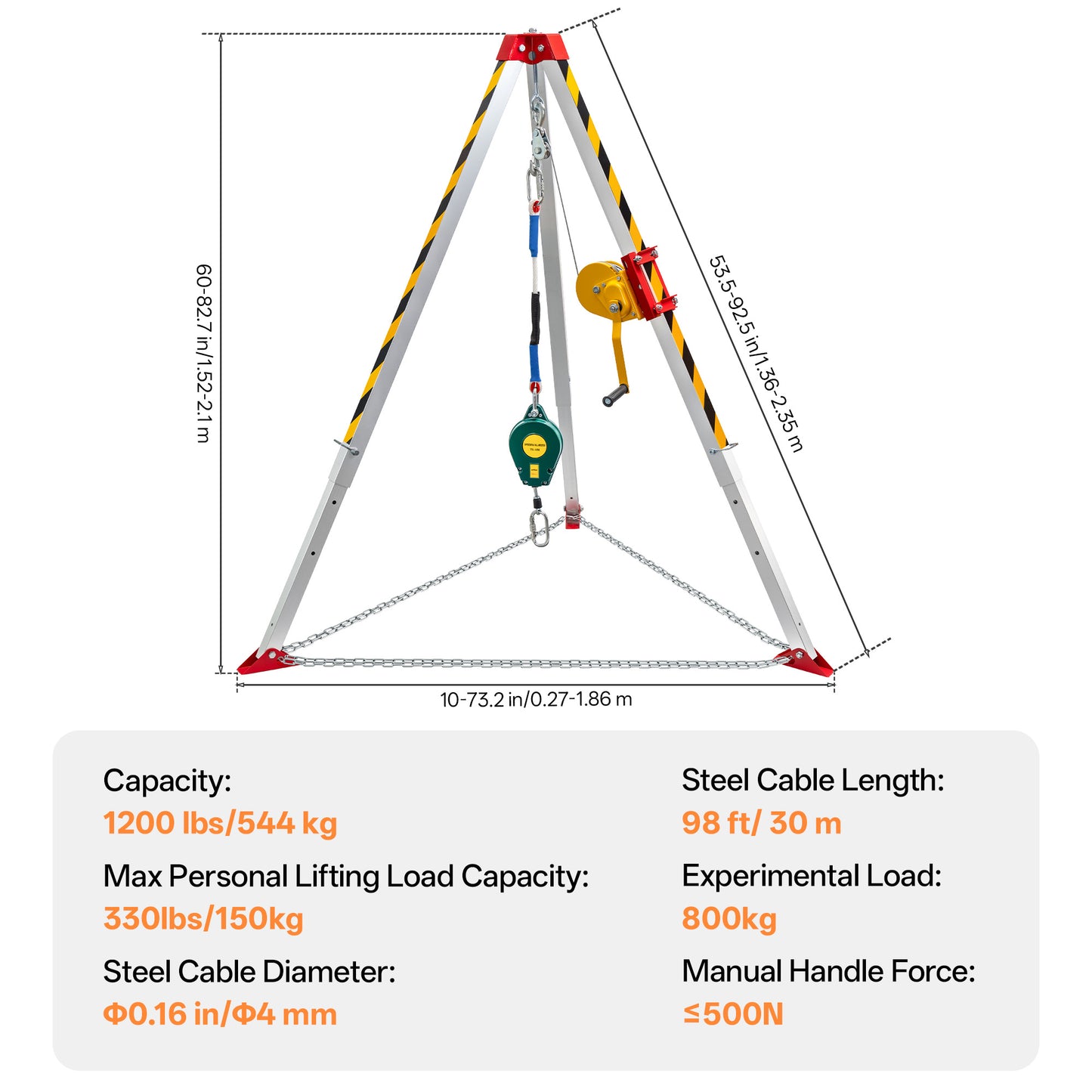 TRSMIMA Confined Space Tripod Kit - Heavy Duty Rescue Tripod Lifting Hoist 1200LBS Winch| 7'Adjustable Legs| 98' Cable Portable Tripod Kit| 32.8' Fall Protection| 4.4-7.02ft Working Height