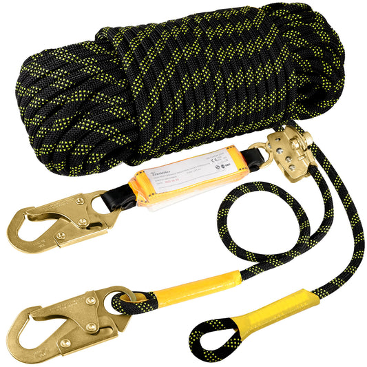 TRSMIMA Rope Harness Safety Lanyard:25ft/50ft/100ft/150ft  Vertical Roofing Rope With Grab Snap Hooks Shock Absorber - Fall Protection Tree Climbing Line Kit Heavy Duty Roof Safety Equipment ANSI CE