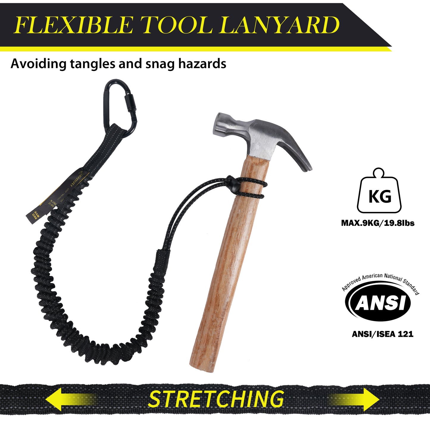 TRSMIMA Safety Tether Tool Lanyard - 1/2/3/5/12/20/50/100 Pack Stretch Strap Safety Fall Protection Tools Leash with Screw Lock Carabiner Clip Mountaineering Safety Compliance for Scaffold Erectors