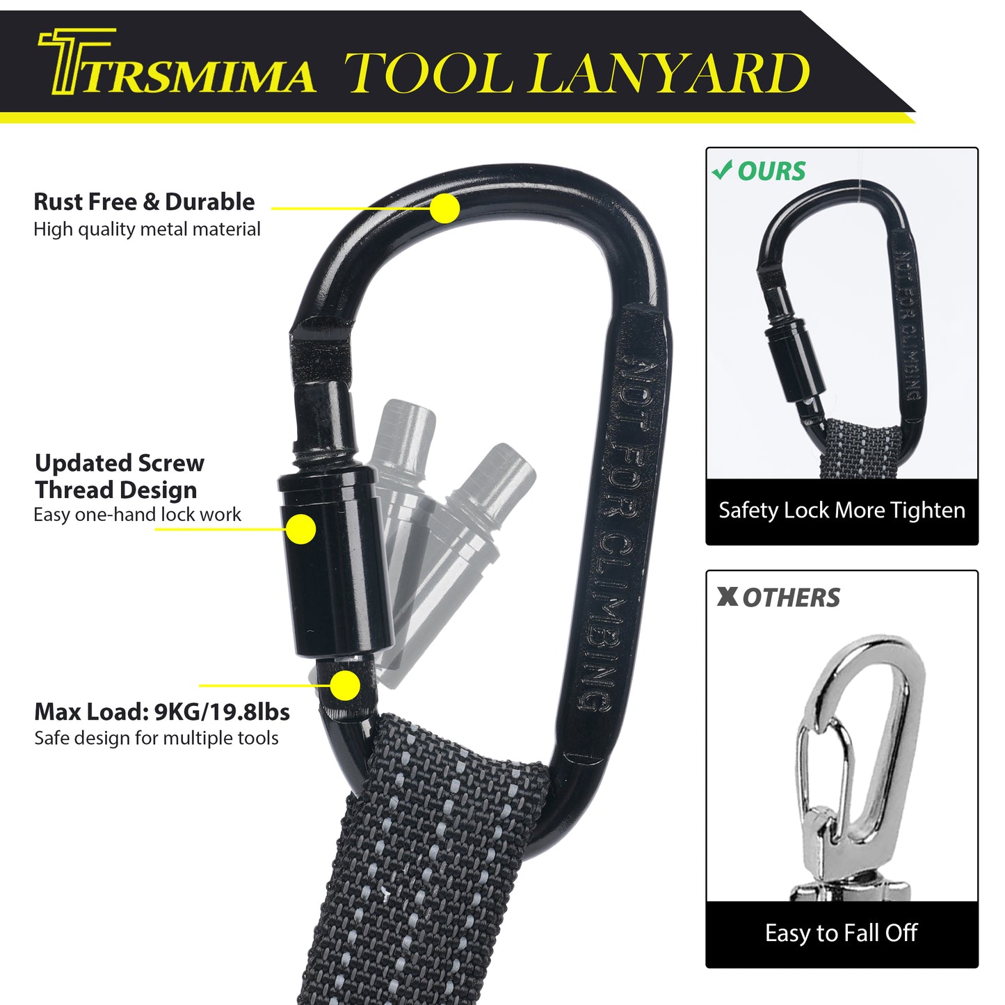 TRSMIMA Safety Tether Tool Lanyard - 1/2/3/5/12/20/50/100 Pack Stretch Strap Safety Fall Protection Tools Leash with Screw Lock Carabiner Clip Mountaineering Safety Compliance for Scaffold Erectors