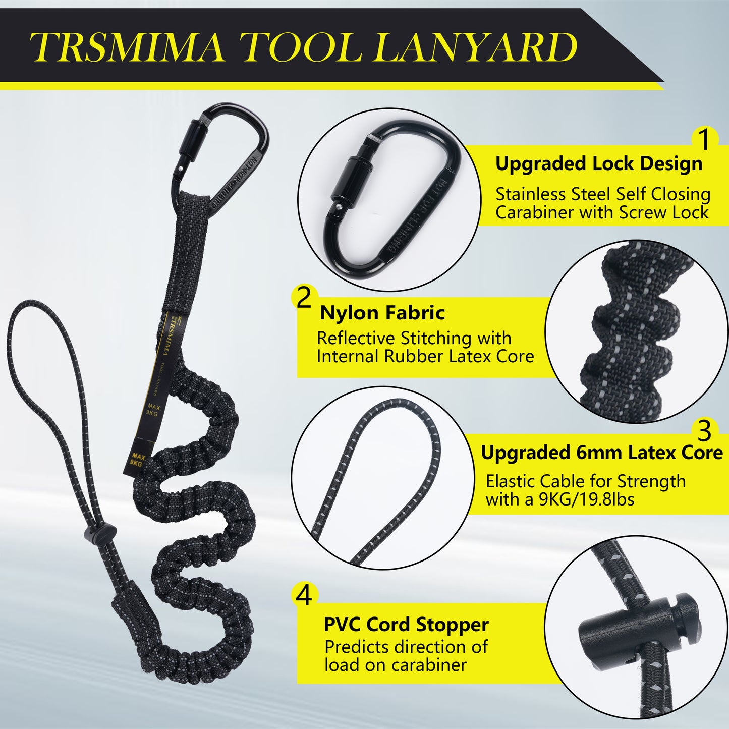 TRSMIMA Safety Tether Tool Lanyard - 1/2/3/5/12/20/50/100 Pack Stretch Strap Safety Fall Protection Tools Leash with Screw Lock Carabiner Clip Mountaineering Safety Compliance for Scaffold Erectors
