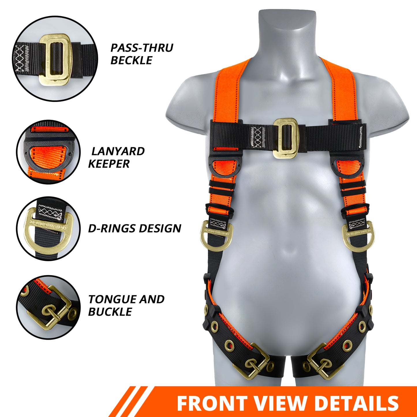 TRSMIMA Safety Harness Fall Protection - Men Construction Full Body Harness Kit for Work with Shock Absorbing Lanyard Tongue Buckle OSHA/ANSI Orange