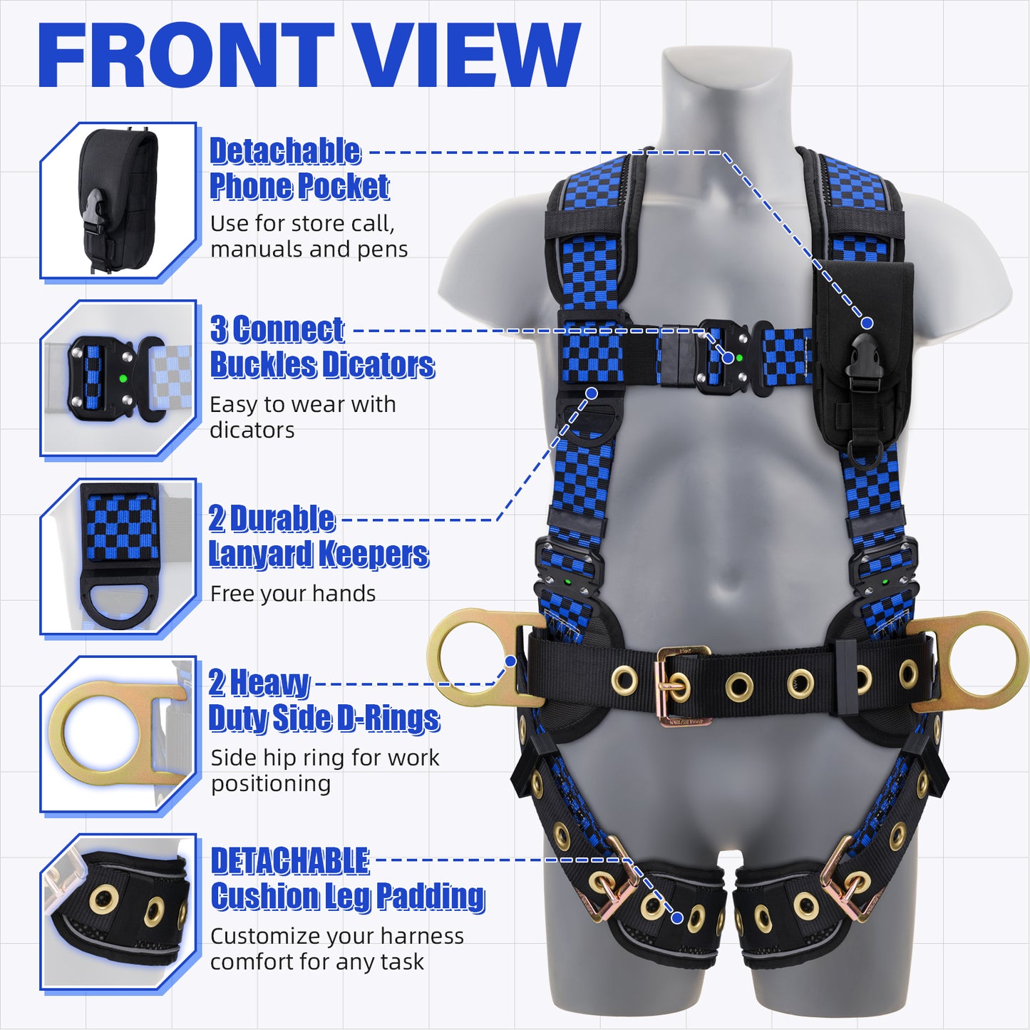 TRSMIMA Safety Harness Fall Protection - Datachable Pad Roofing Fall Arrest Safety Harness Construction Phone Pocket Reflective Strap Friendly Night Work ANSI