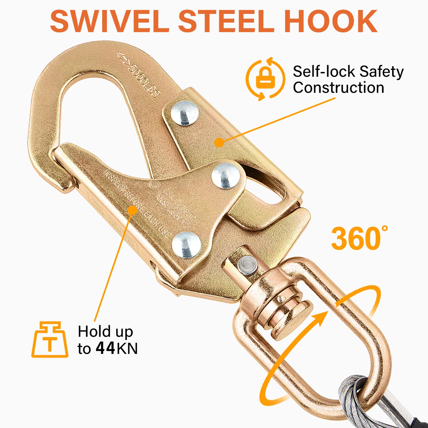 TRSMIMA Steel Wire Core Flipline - 8ft/10ft/12ft Fall Protection Arborist Climbing Tree Arborist 1/2" Galvanized Steel Cable Lanyard Kit with Steel Swivel Snap Hook Triple Lock Carabiner Rope Grab