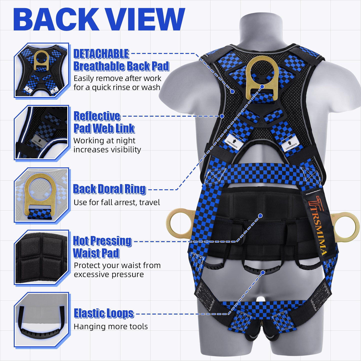 TRSMIMA Safety Harness Fall Protection - Datachable Pad Roofing Fall Arrest Safety Harness Construction Phone Pocket Reflective Strap Friendly Night Work ANSI