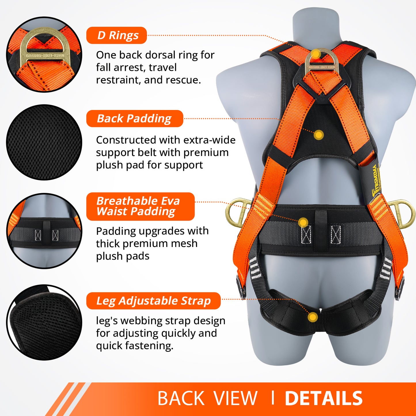 TRSMIMA Safety Harness Fall Protection - Roofing Harness Kit Men Full Body Construction Harness with Lanyard for Work Upgrade 4 Quick Buckles Orange