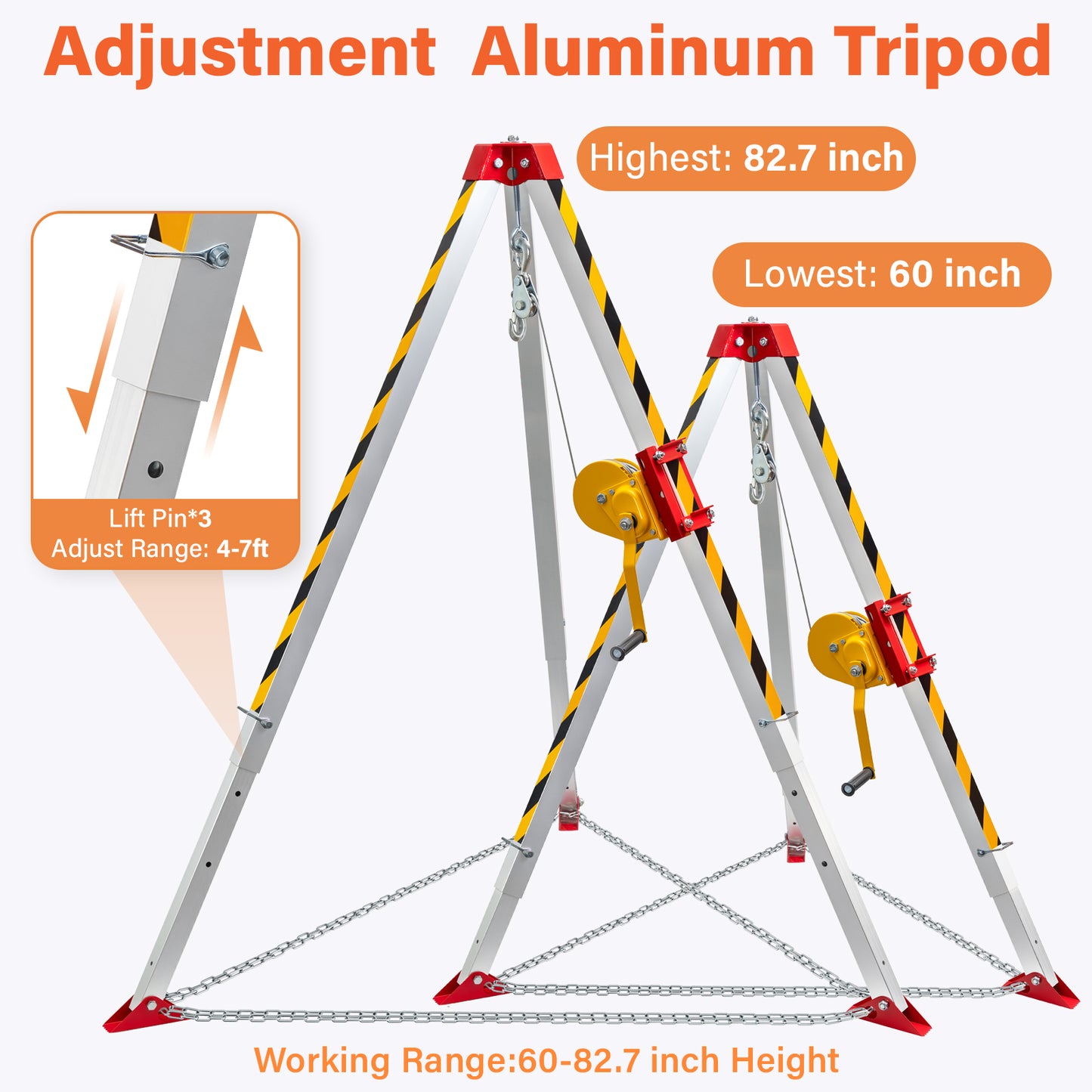 TRSMIMA Confined Space Tripod Kit - Heavy Duty Rescue Tripod Lifting Hoist 1200LBS Winch| 7'Adjustable Legs| 98' Cable Portable Tripod Kit| 32.8' Fall Protection| 4.4-7.02ft Working Height