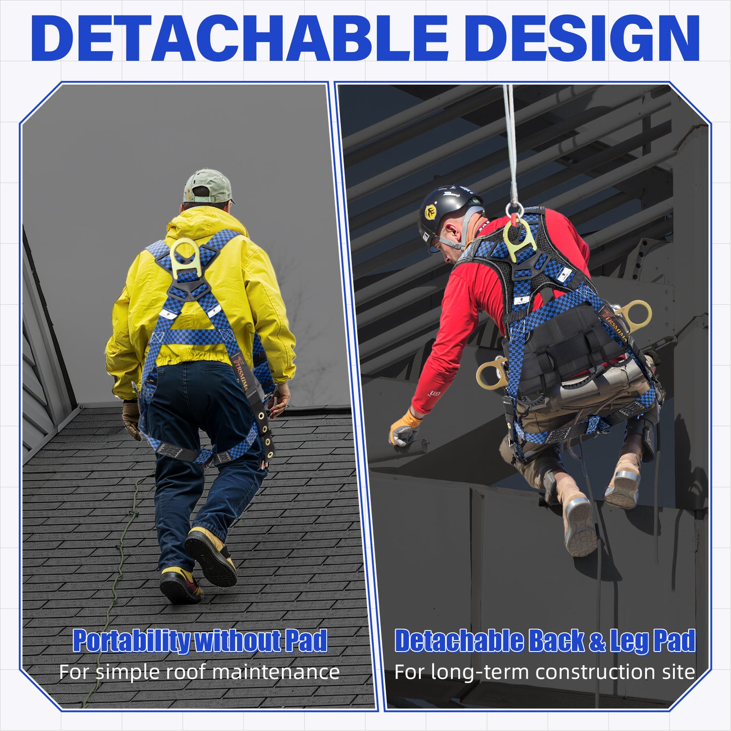 TRSMIMA Safety Harness Fall Protection - Datachable Pad Roofing Fall Arrest Safety Harness Construction Phone Pocket Reflective Strap Friendly Night Work ANSI