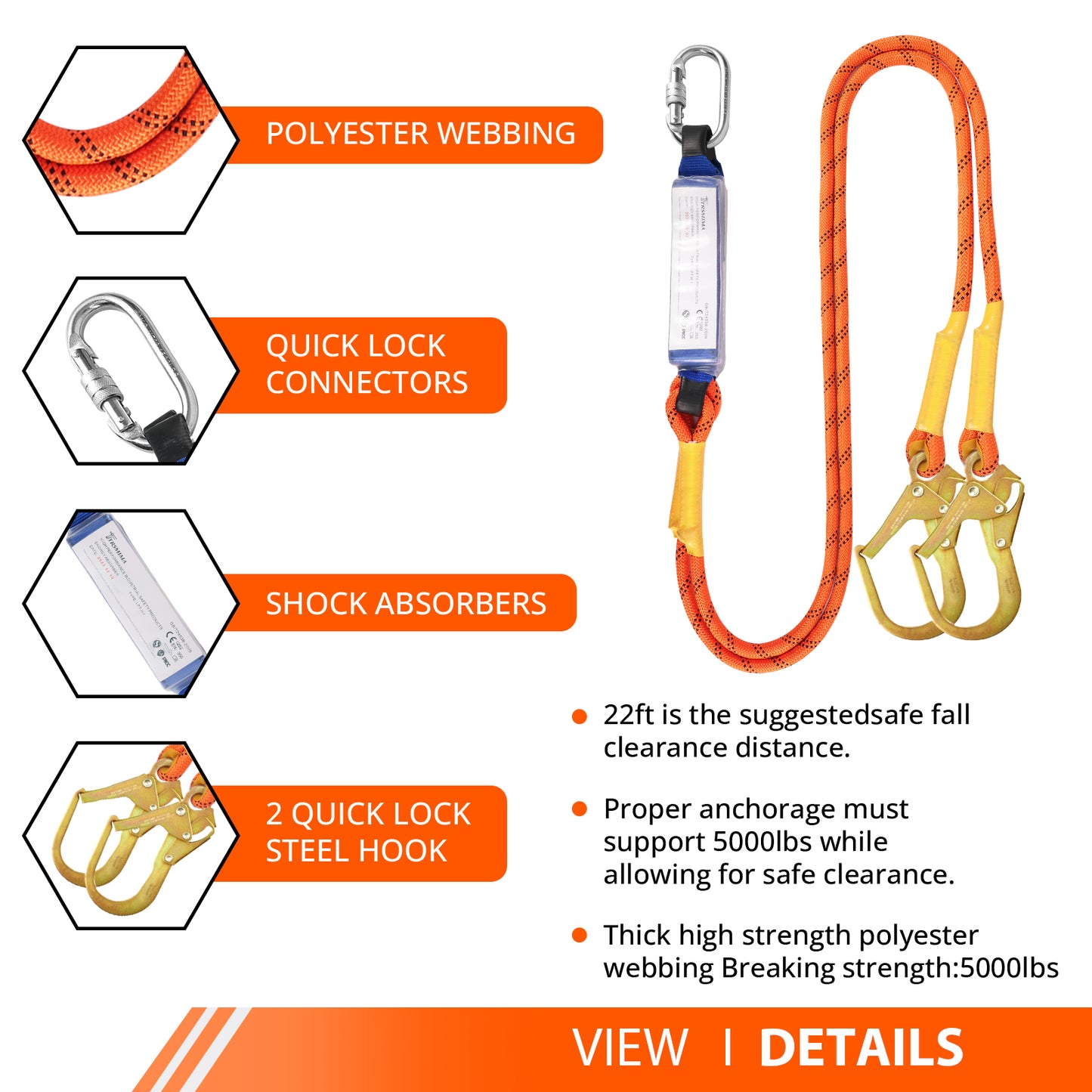 TRSMIMA Safety Harness Fall Protection - Roofing Harness Kit Men Full Body Construction Harness with Lanyard for Work Upgrade 4 Quick Buckles Orange