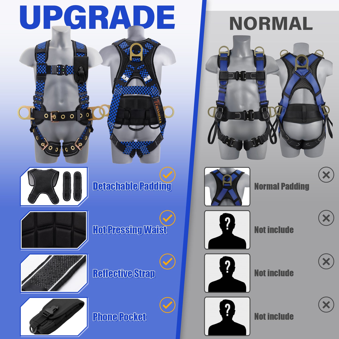 TRSMIMA Safety Harness Fall Protection - Datachable Pad Roofing Fall Arrest Safety Harness Construction Phone Pocket Reflective Strap Friendly Night Work ANSI