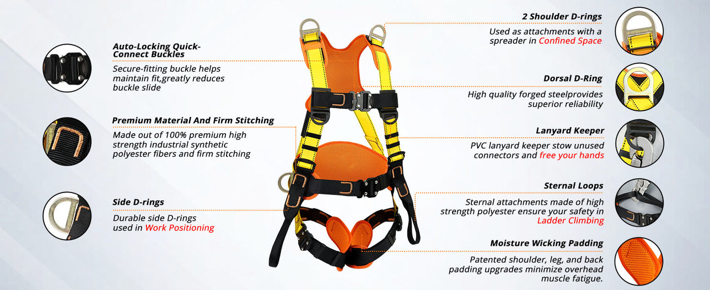 Safety Harness Fall Protection Upgrade 4 Quick Buckles Construction Full Body Harness with 6 Adjustment D-ring