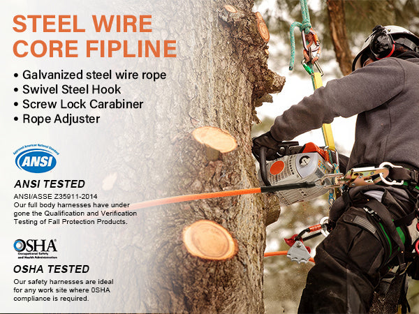 TRSMIMA Steel Wire Core Flipline - 8ft/10ft/12ft Fall Protection Arborist Climbing Tree Arborist 1/2" Galvanized Steel Cable Lanyard Kit with Steel Swivel Snap Hook Triple Lock Carabiner Rope Grab