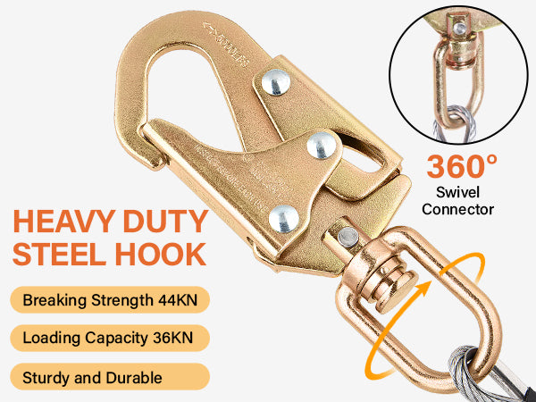TRSMIMA Steel Wire Core Flipline - 8ft/10ft/12ft Fall Protection Arborist Climbing Tree Arborist 1/2" Galvanized Steel Cable Lanyard Kit with Steel Swivel Snap Hook Triple Lock Carabiner Rope Grab