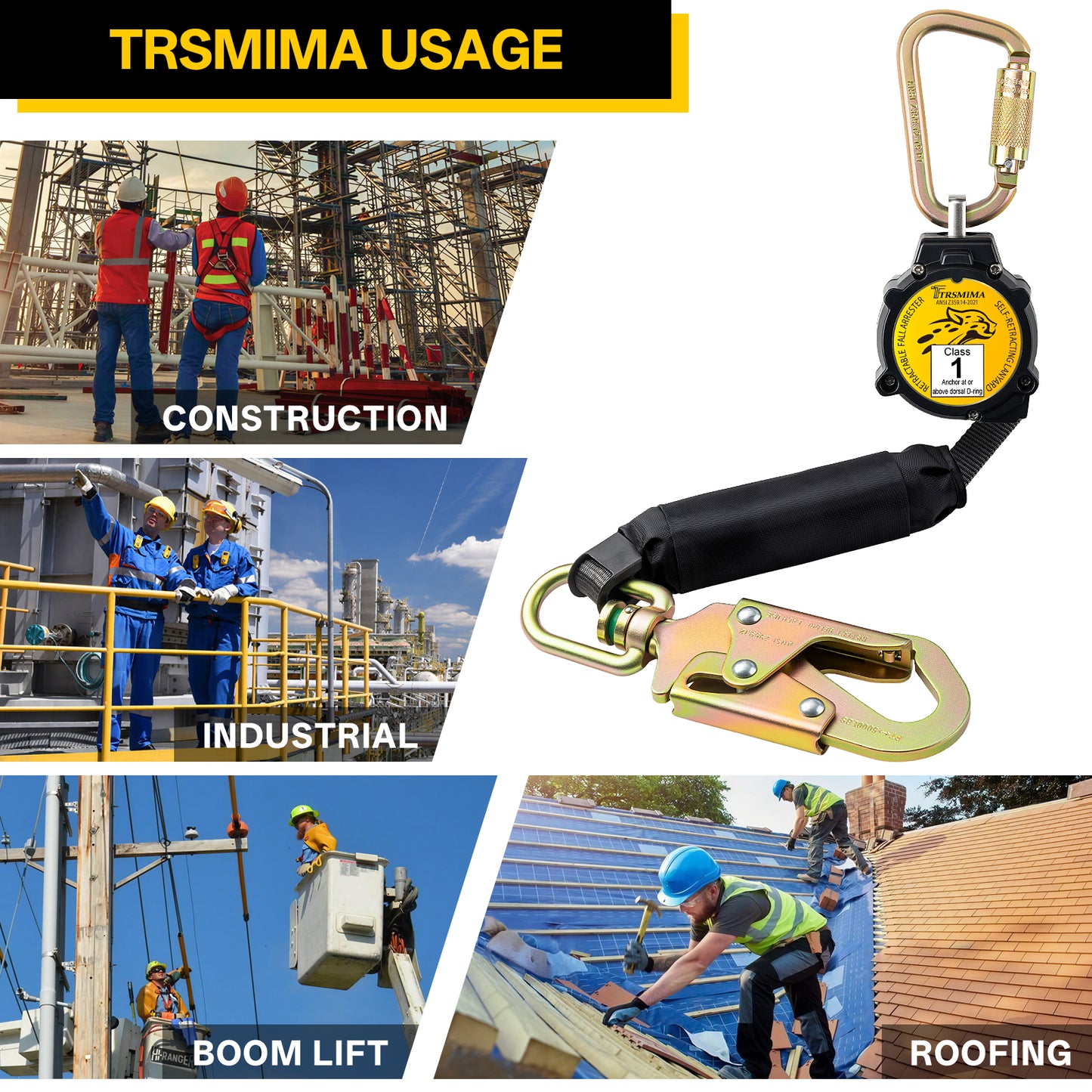 TRSMIMA Retractable Lanyard Fall Protection: 6FT Webbing Self Retracting SRL Fall Arrest for Safety Harness Construction Workers