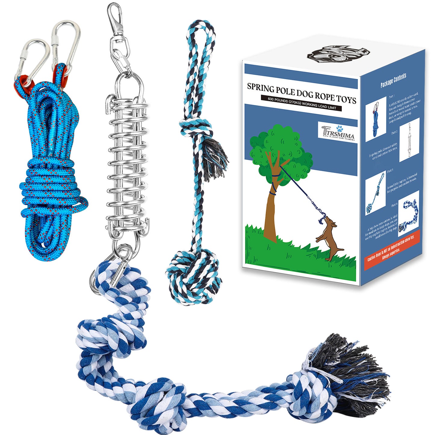 TT TRSMIMA Spring Pole Rope Toys: Rope Pull & Tug of War with a Big Spring Pole Kit & 2 Strong 16ft Toys - Muscle Builder Interactive Toy for Pitbull Medium to Large Dog