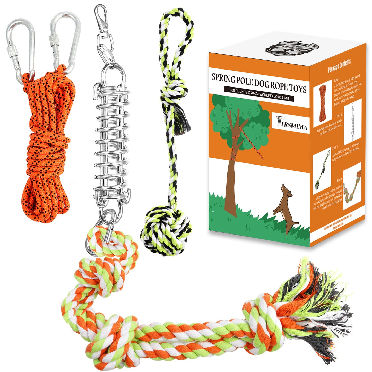 TT TRSMIMA Spring Pole Rope Toys: Rope Pull & Tug of War with a Big Spring Pole Kit & 2 Strong 16ft Toys - Muscle Builder Interactive Toy for Pitbull Medium to Large Dog