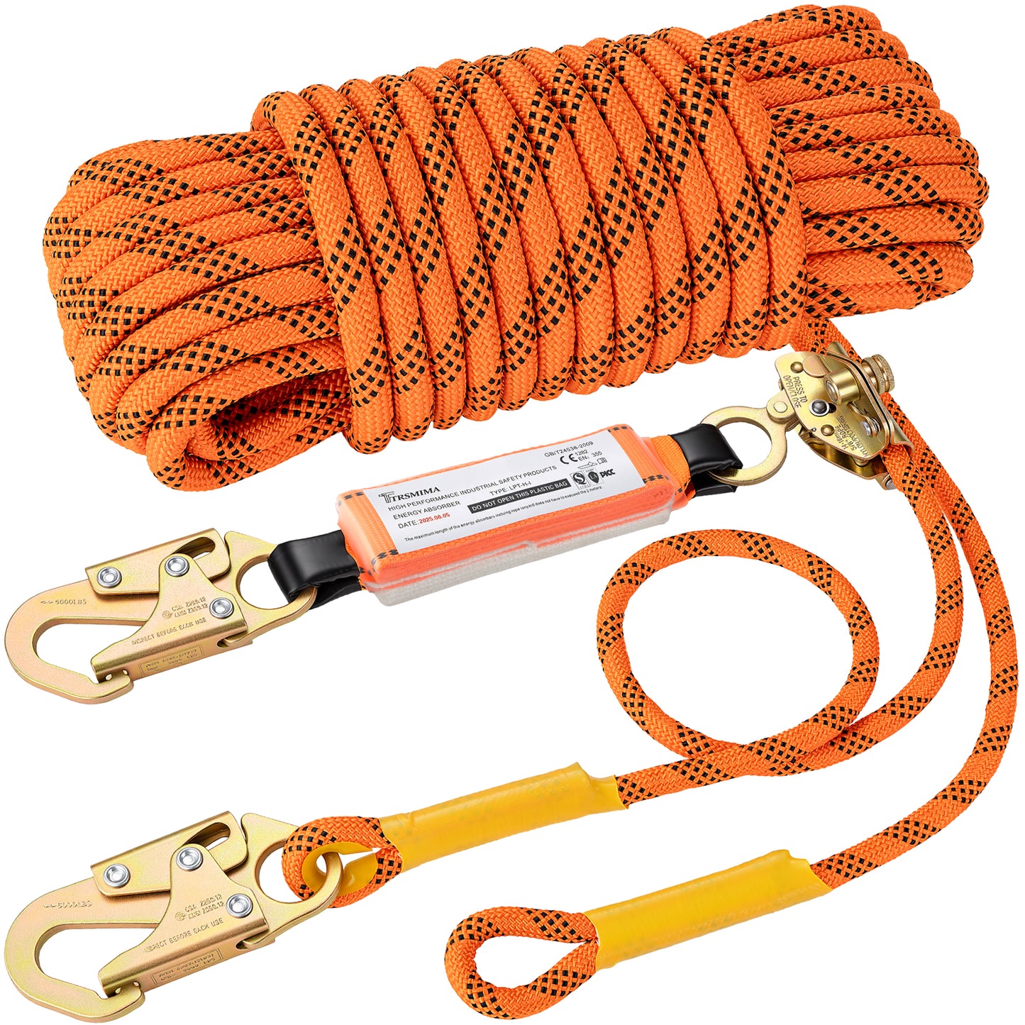 TRSMIMA Roofing Fall Protection Rope - 50ft Heavy Duty Harness Safety Lanyard with Grab Snap Hook for Roof Work Construction