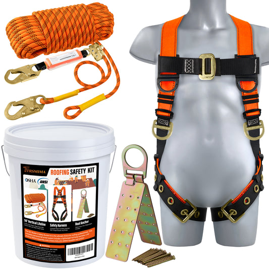 Safety Harness Fall Protection Kit - Roofing Harnesses 50ft Safety Rope Lanyard Kit 5 Gallon Bucket Kit Roof Top Anchor Construction Work 20pcs Nails Included