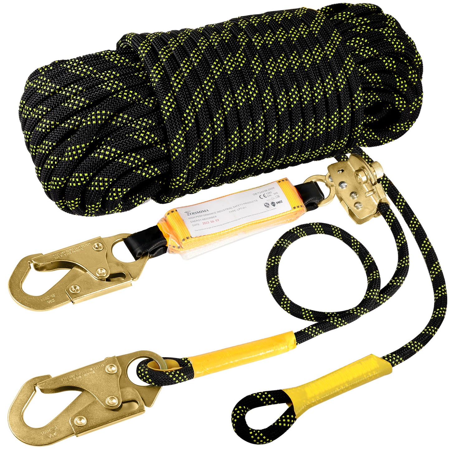 TRSMIMA Rope Harness Safety Lanyard：25ft/50ft/100ft/150ft  Vertical Roofing Rope With Grab Snap Hooks Shock Absorber - Fall Protection Tree Climbing Line Kit Heavy Duty Roof Safety Equipment ANSI CE