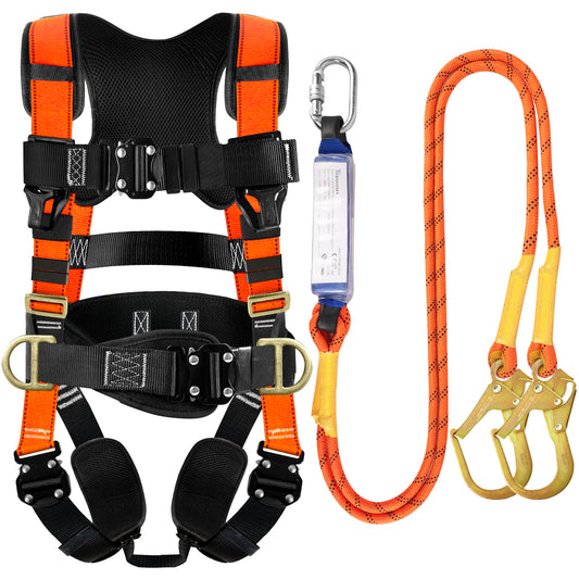 TRSMIMA Safety Harness Fall Protection - Roofing Harness Kit Men Full Body Construction Harness with Lanyard for Work Upgrade 4 Quick Buckles Orange
