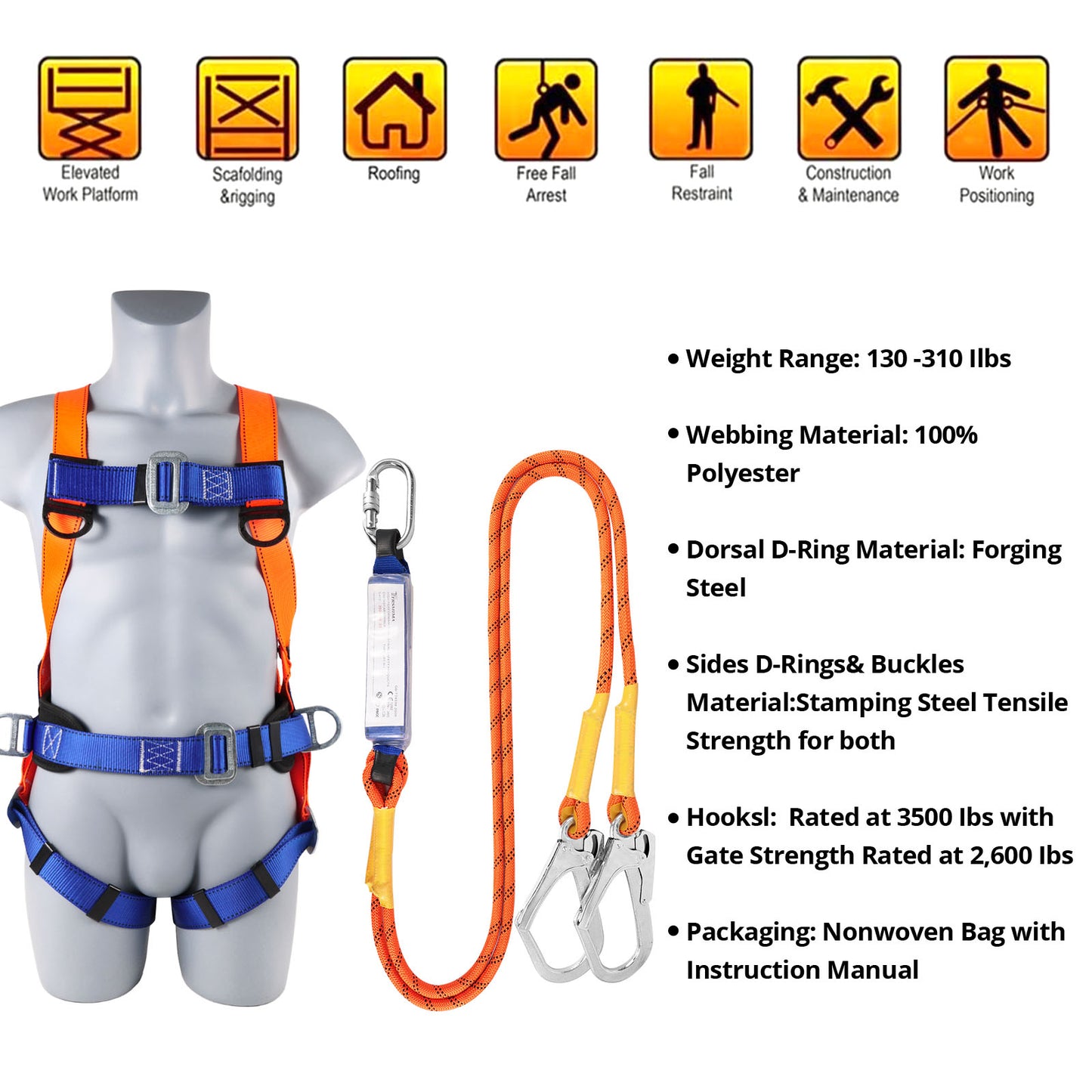 Safety Harness Fall Protection Kit: Full Body Roofing harnesses with Shock Absorbing Lanyard - Updated Comfortable Waist Pad