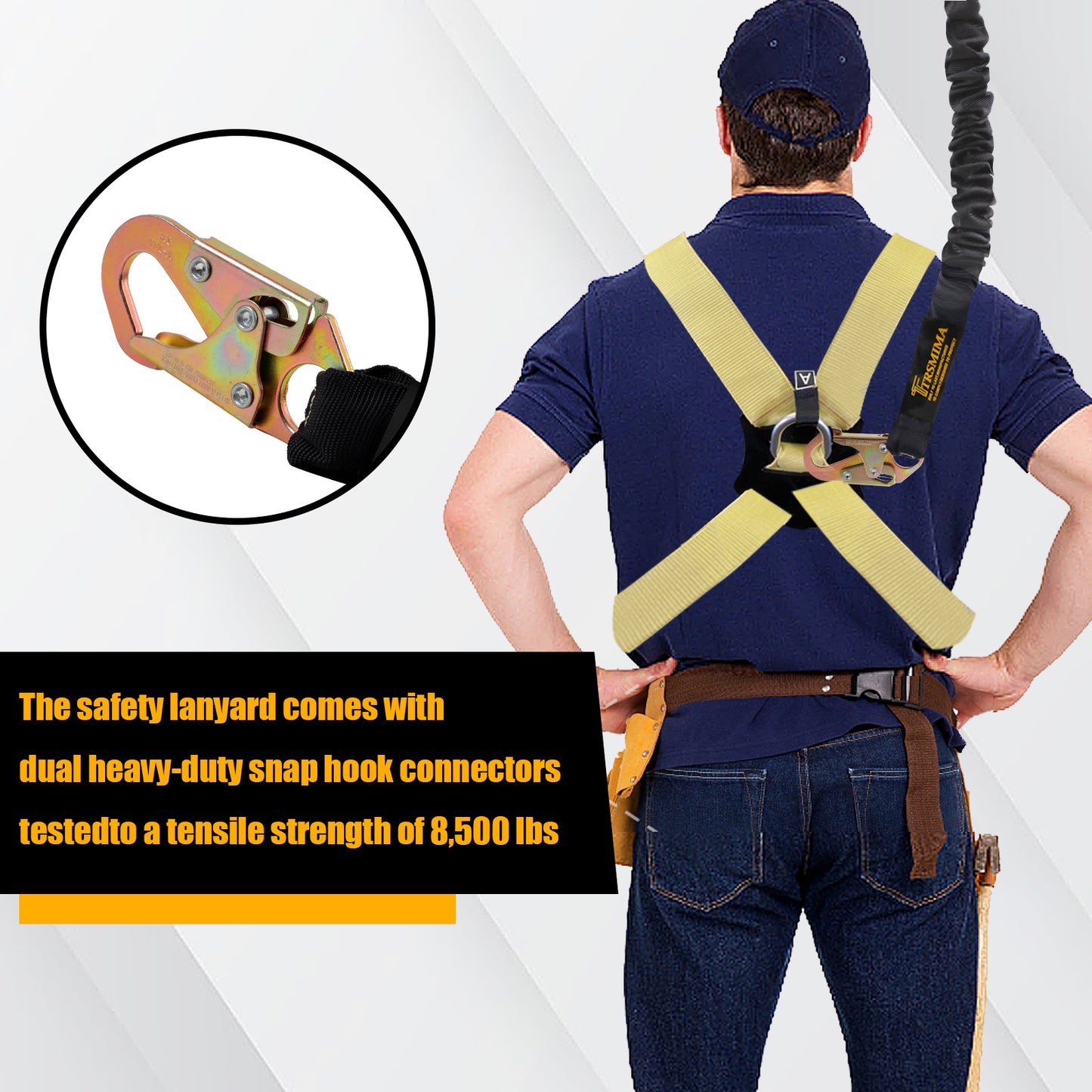 TRSMIMA Safety Harness Lanyard Retractable - Fall Protection Climbing Tree Strap 6 FT Single Leg Internal Shock Absorbing with Hook