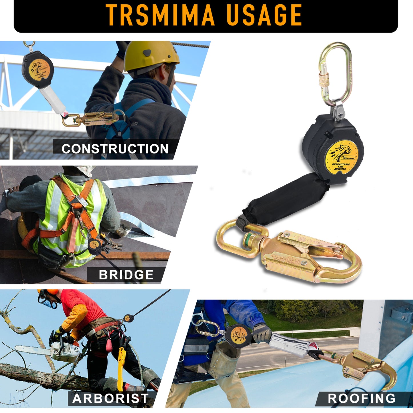 TRSMIMA Fall Protection Retractable Lanyard -6FT/ 10FT Construction Self-Retracting Lanyard Fall Arrest Safety Roofing Carbineer Swivel Top Steel Snap Hook