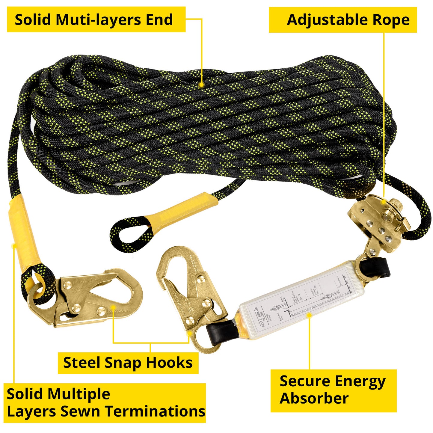 TRSMIMA Rope Harness Safety Lanyard：25ft/50ft/100ft/150ft  Vertical Roofing Rope With Grab Snap Hooks Shock Absorber - Fall Protection Tree Climbing Line Kit Heavy Duty Roof Safety Equipment ANSI CE