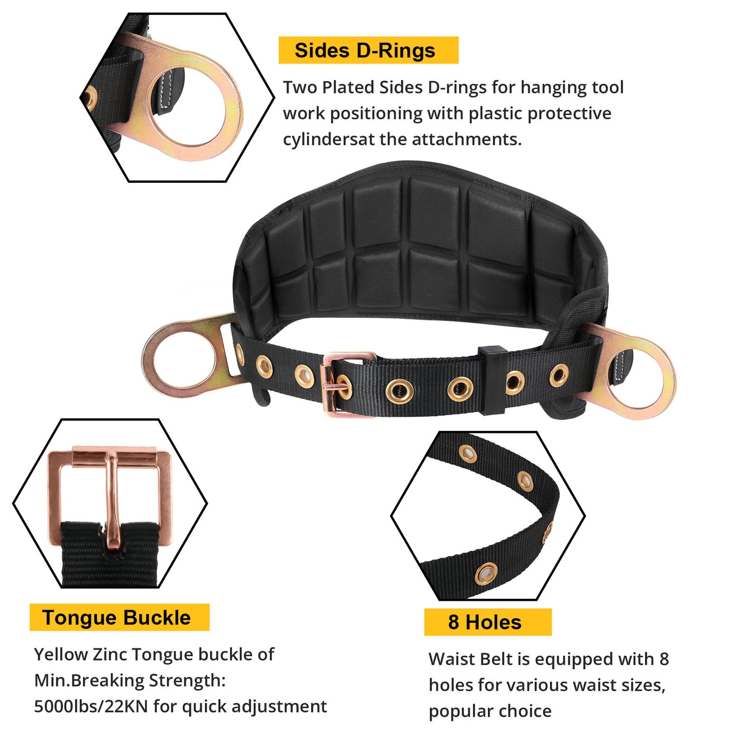 TRSMIMA Safety Harness Climbing Belt - Black Body Fall Protection Men Roof Tree Work Waist-Tongue Buckle Pad D-Ring