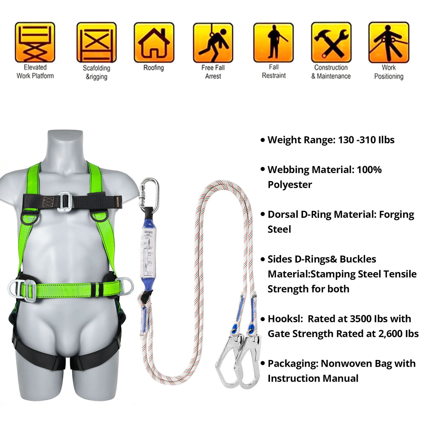 TT TRSMIMA Safety Harness Fall Protection Kit - Full Body Roofing harnesses with Shock Absorbing Lanyard Upgrade Paded