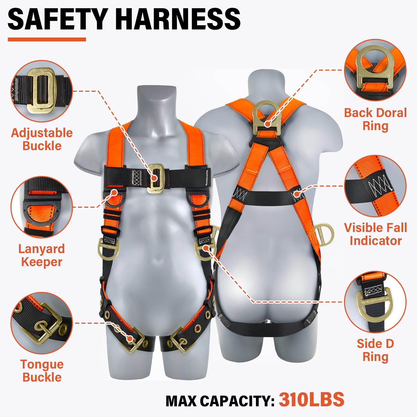 Safety Harness Fall Protection Kit - Roofing Harnesses 50ft Safety Rope Lanyard Kit 5 Gallon Bucket Kit Roof Top Anchor Construction Work 20pcs Nails Included
