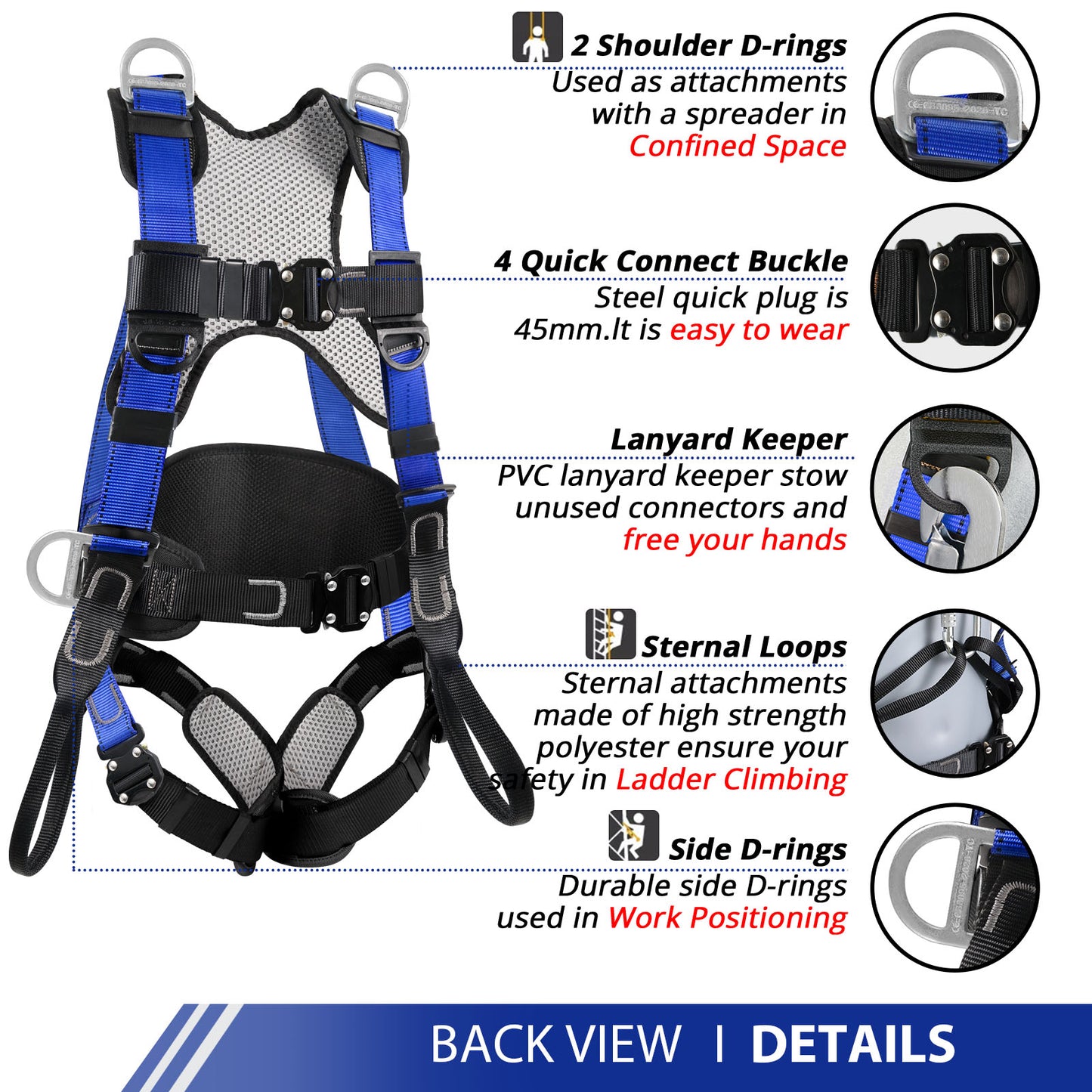 Safety Harness Fall Protection Upgrade 4 Quick Buckles Construction Full Body Harness with 6 Adjustment D-ring