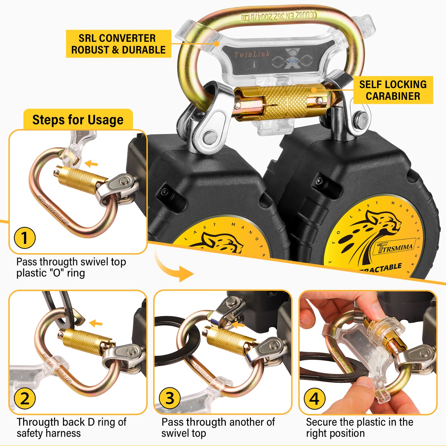 TRSMIMA Fall Protection Retractable Lanyard - 6FT Twin Leg Self Retracting Lanyard Tangle-Free Webbing Shock Absorber Dual Aluminum Pelican Rebar Hook Aluminum Carabiner OSHA ANSI