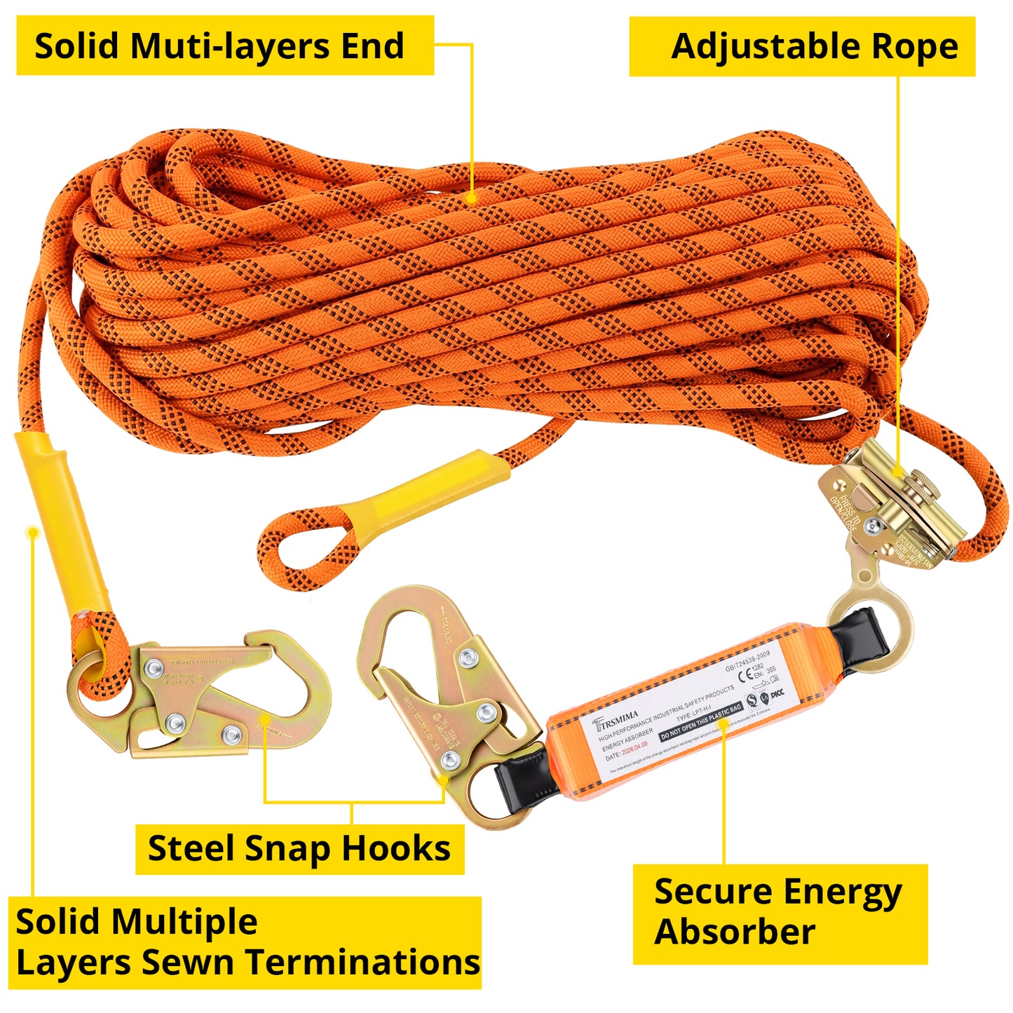 TRSMIMA Roofing Fall Protection Rope - 50ft Heavy Duty Harness Safety Lanyard with Grab Snap Hook for Roof Work Construction