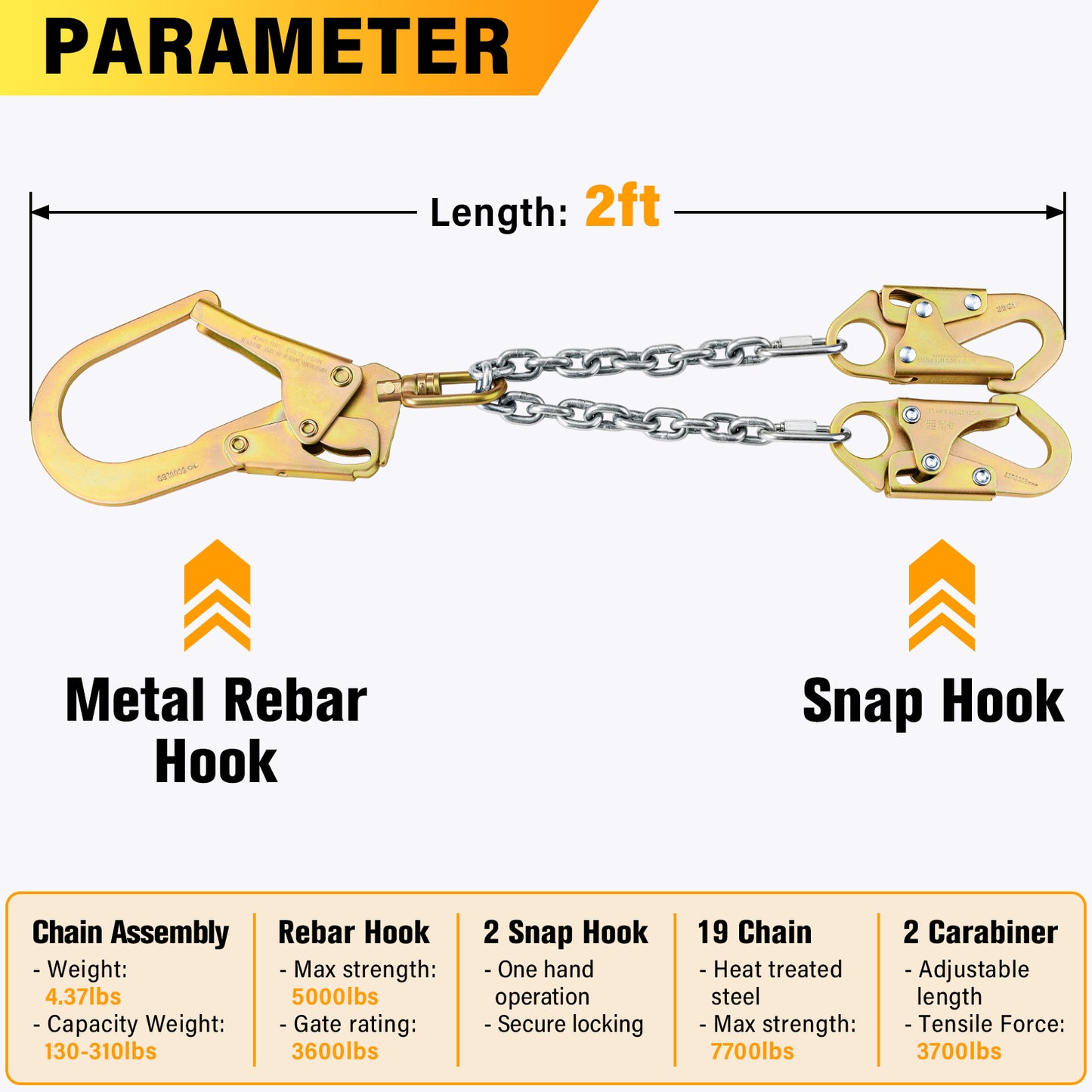 TRSMIMA Rebar Positioning Chain Assembly - Safety Lanyard Fall Protection Sling Chain Rebar with Swivel Double Self-Locking Snap Hooks Construction Positioning