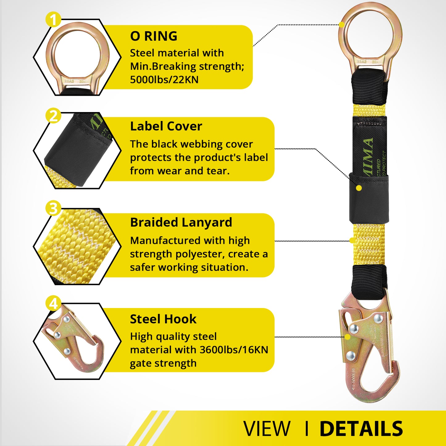 TRSMIMA Safety Harness Extension Lanyard - 18”D-ring Extender Fall Protection Arrest System with Snap Hook Connector Ring ANSI