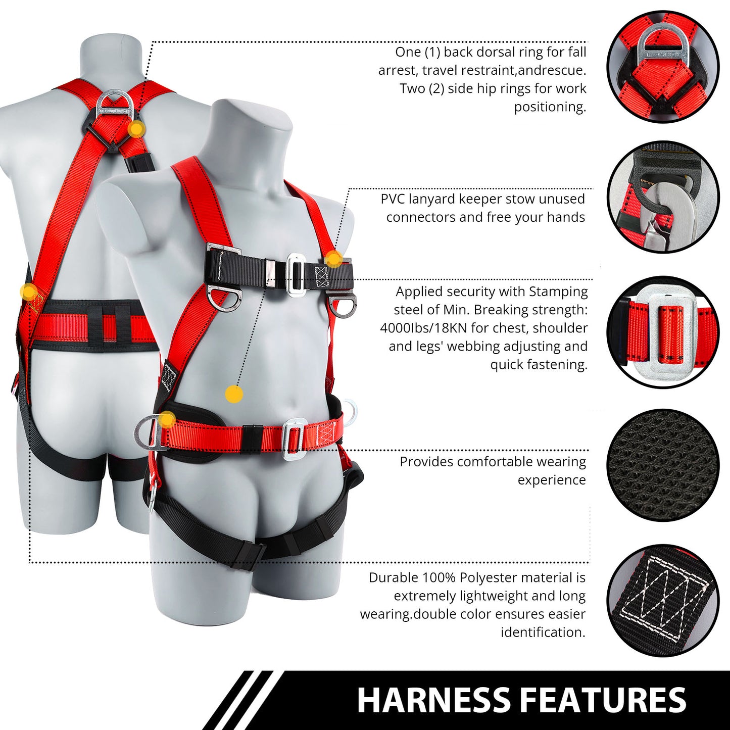 TT TRSMIMA Safety Harness Fall Protection Kit - Full Body Roofing harnesses with Shock Absorbing Lanyard Upgrade Paded