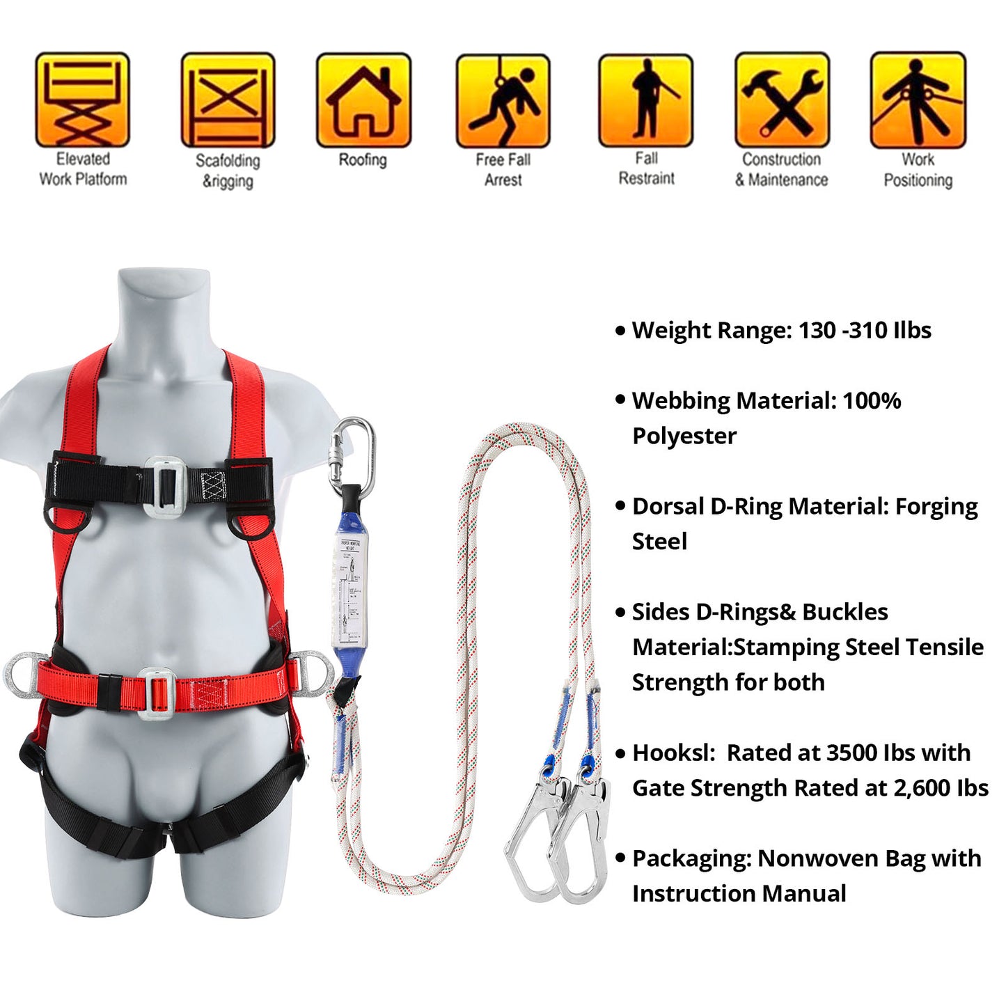 TT TRSMIMA Safety Harness Fall Protection Kit - Full Body Roofing harnesses with Shock Absorbing Lanyard Upgrade Paded