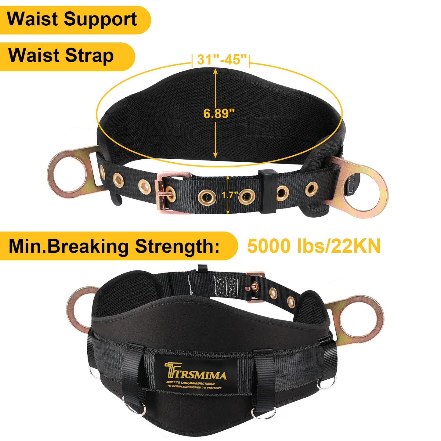 TRSMIMA Safety Harness Climbing Belt - Black Body Fall Protection Men Roof Tree Work Waist-Tongue Buckle Pad D-Ring