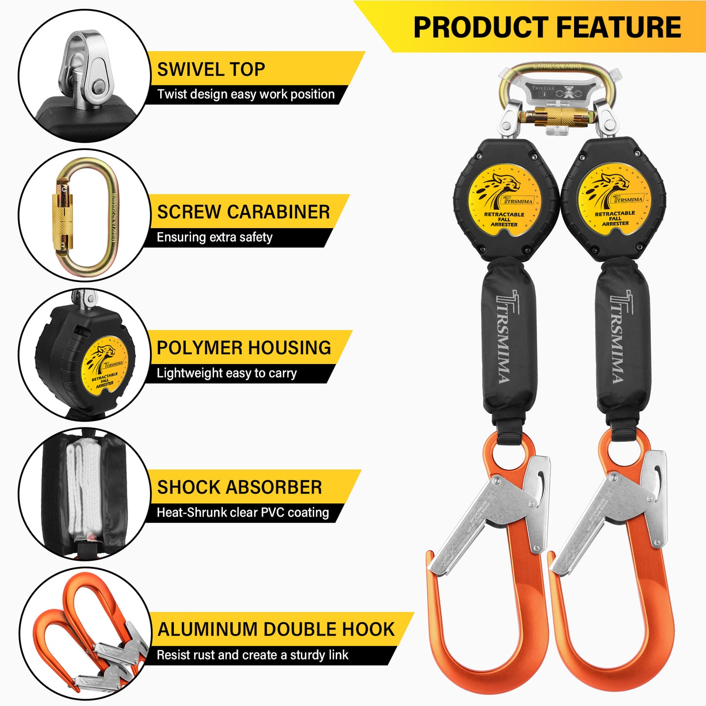 TRSMIMA Fall Protection Retractable Lanyard - 6FT Twin Leg Self Retracting Lanyard Tangle-Free Webbing Shock Absorber Dual Aluminum Pelican Rebar Hook Aluminum Carabiner OSHA ANSI