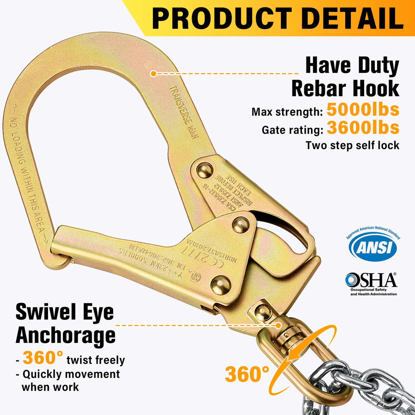TRSMIMA Rebar Positioning Chain Assembly - Safety Lanyard Fall Protection Sling Chain Rebar with Swivel Double Self-Locking Snap Hooks Construction Positioning