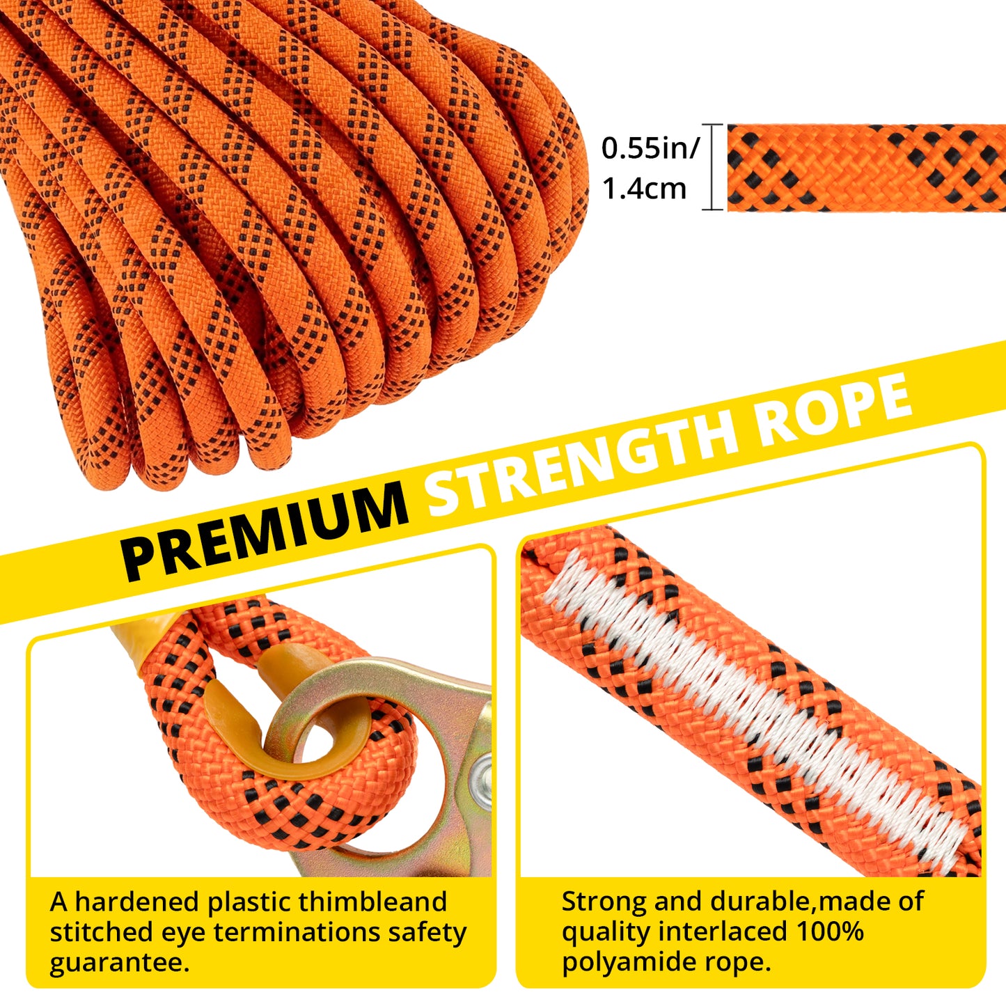 TRSMIMA Roofing Fall Protection Rope - 50ft Heavy Duty Harness Safety Lanyard with Grab Snap Hook for Roof Work Construction