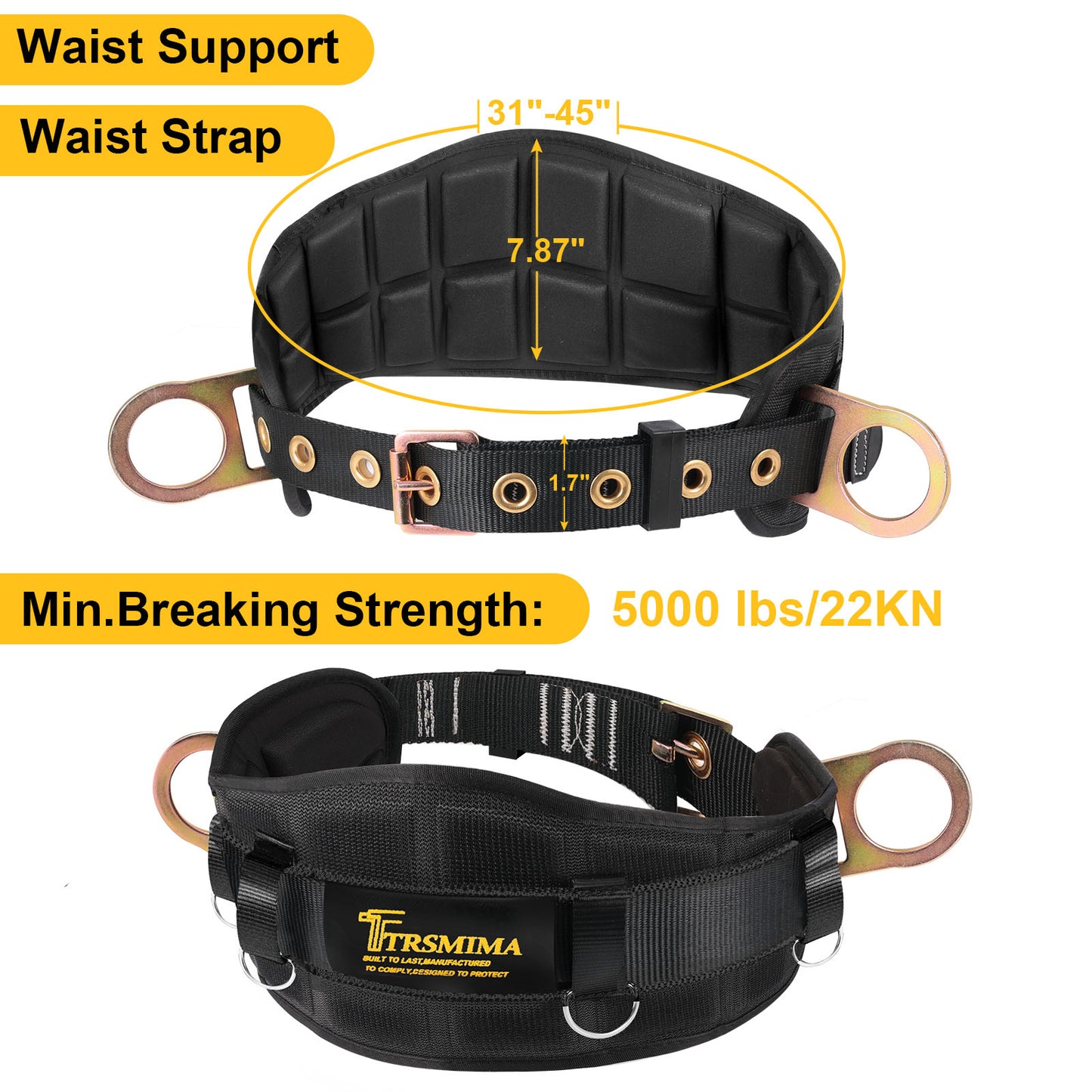 TRSMIMA Safety Harness Climbing Belt - Black Body Fall Protection Men Roof Tree Work Waist-Tongue Buckle Pad D-Ring