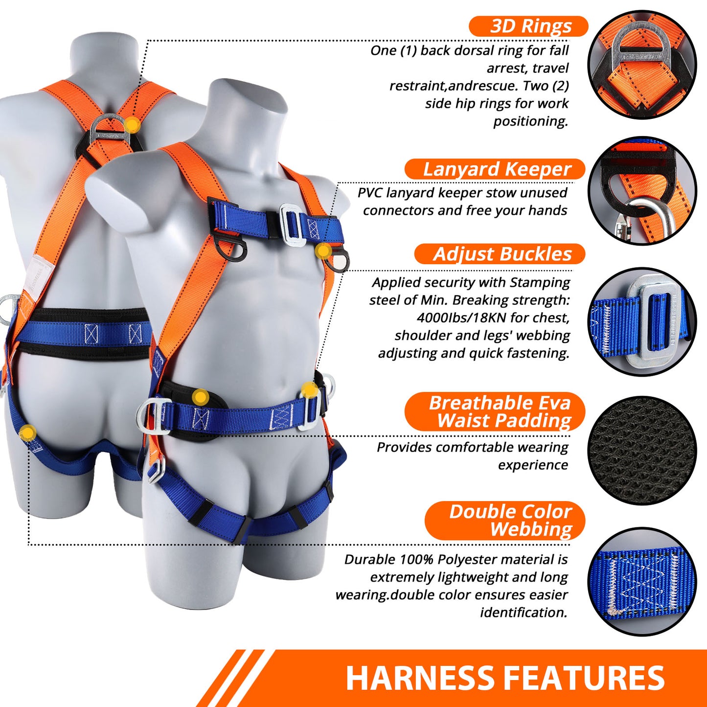 Safety Harness Fall Protection Kit: Full Body Roofing harnesses with Shock Absorbing Lanyard - Updated Comfortable Waist Pad