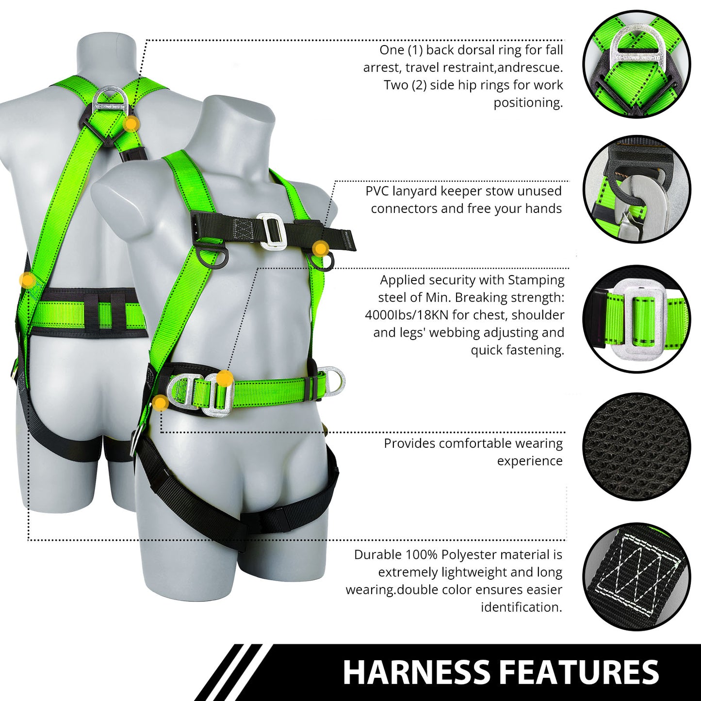TT TRSMIMA Safety Harness Fall Protection Kit - Full Body Roofing harnesses with Shock Absorbing Lanyard Upgrade Paded