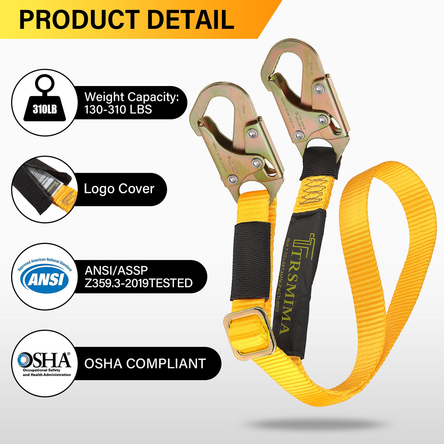 TRSMIMA Tree Climbing Safety Lanyard - 4ft to 6ft Adust Fall protection Webbing Belt Hunting Roof Strap Double Rebar Hook