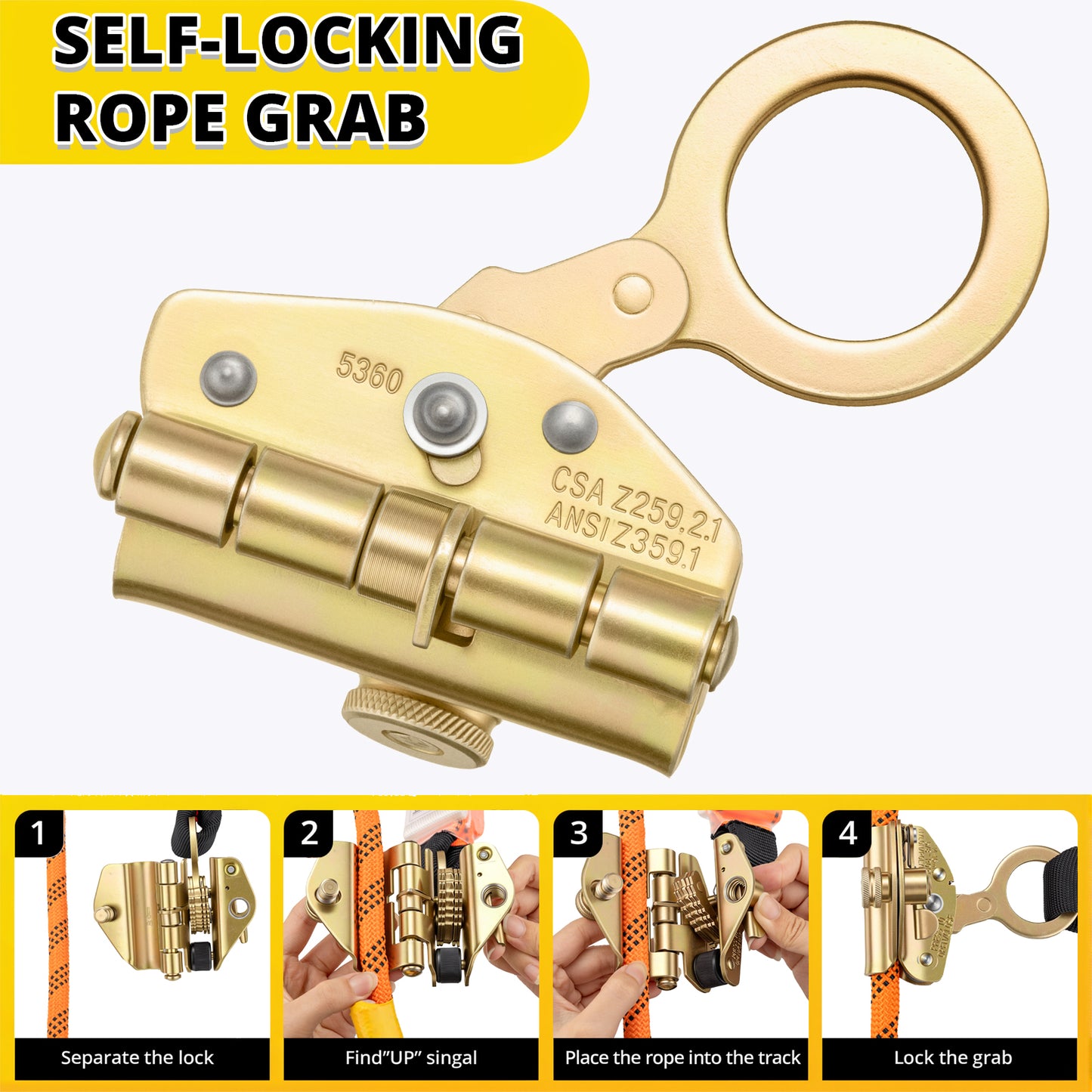 TRSMIMA Roofing Fall Protection Rope - 50ft Heavy Duty Harness Safety Lanyard with Grab Snap Hook for Roof Work Construction