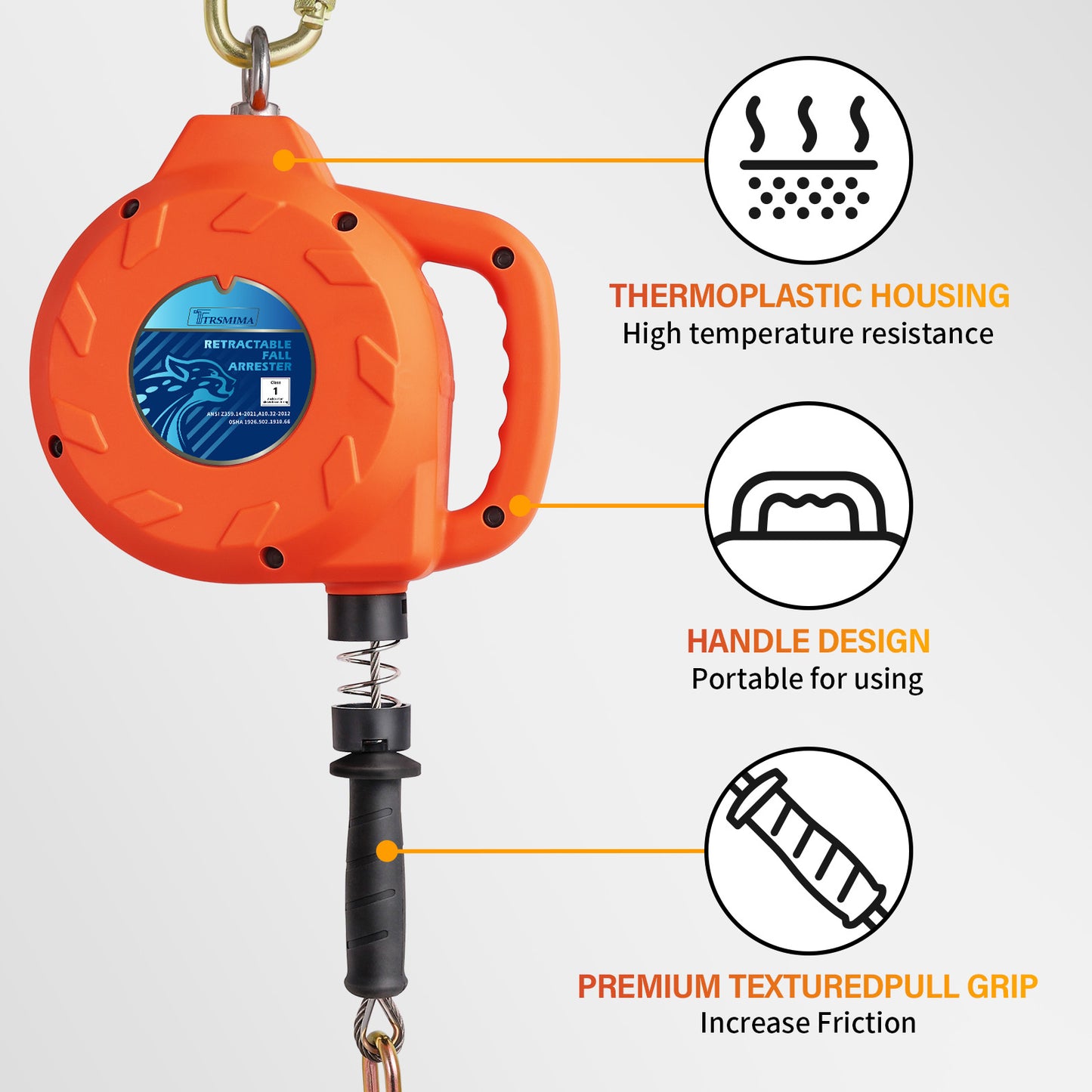 TRSMIMA Fall Protection Retractable Lanyard - 20ft/30ft Self-Retracting Fall Arrest Safety Construction Roofing Galvanized Steel Cable Swivel Top