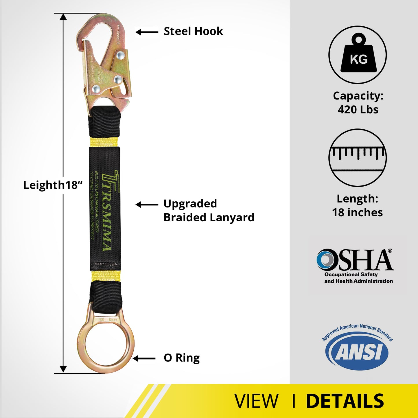 TRSMIMA Safety Harness Extension Lanyard - 18”D-ring Extender Fall Protection Arrest System with Snap Hook Connector Ring ANSI
