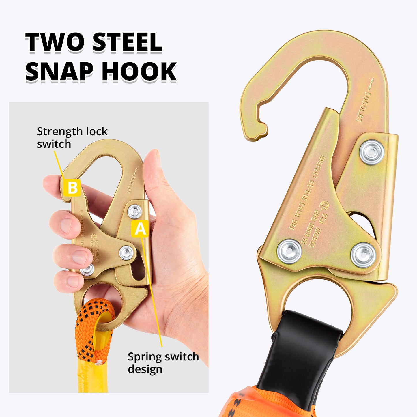 TRSMIMA Roofing Fall Protection Rope - 50ft Heavy Duty Harness Safety Lanyard with Grab Snap Hook for Roof Work Construction